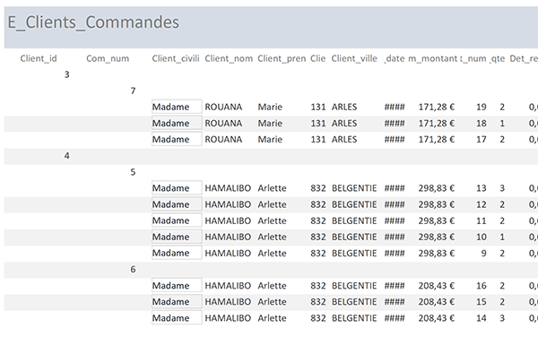 Etat Access affichant tout le détail des commandes passées par les clients