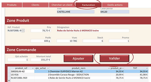 Formulaire Access pour construire les commandes des clients et éditer la facture par les états