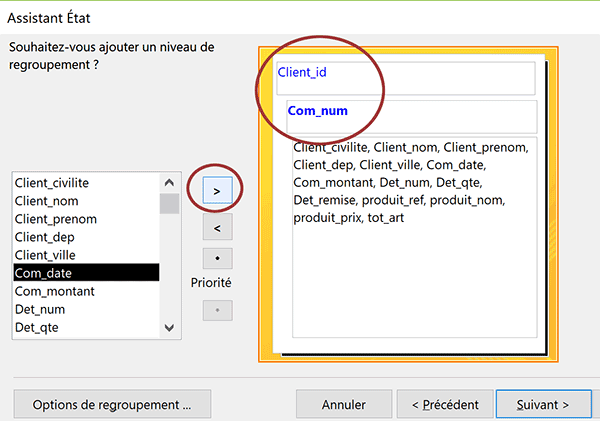 Niveaux de regroupements pour séparer les commandes des clients dans la vue finale du rapport Access