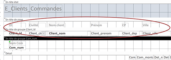 Réorganisation des champs en conception du rapport Access des commandes des clients