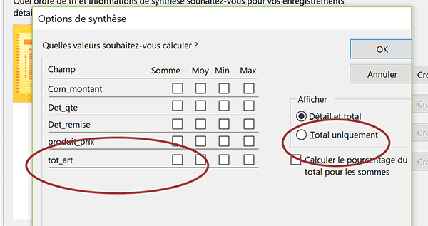 Options de synthèse Etat Access pour calculer les sommes des commandes