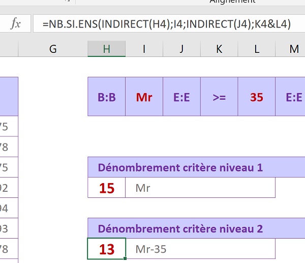 Ensemble de conditions à vérifier sur plusieurs plages de cellules pour dénombrer avec fonction Excel Nb.Si.Ens