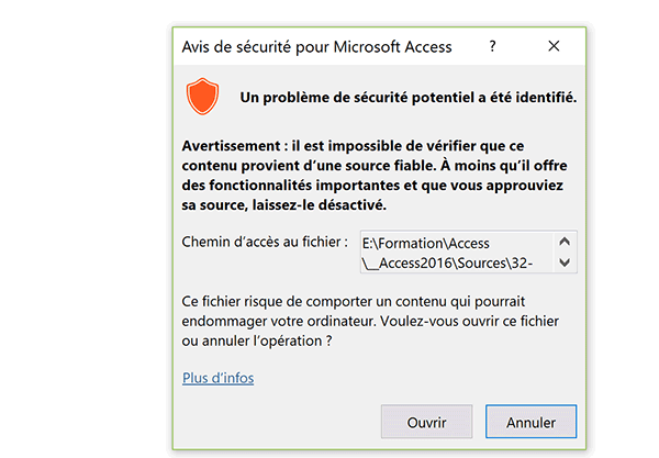 Alerte de sécurité quand application Access est indépendante et exécutable