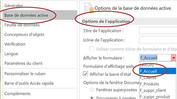 Définir formulaire de démarrage sur ouverture application Access