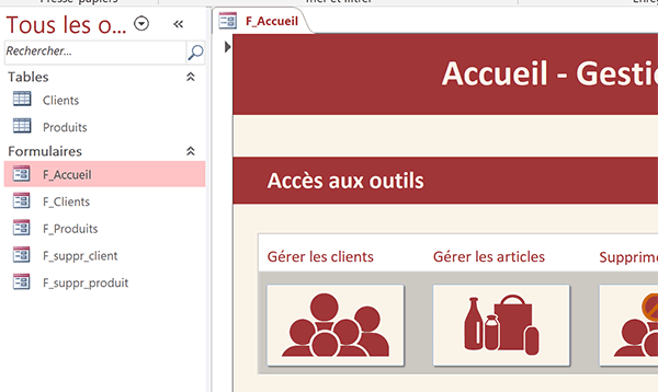 Formulaire accueil et navigation base de données Access