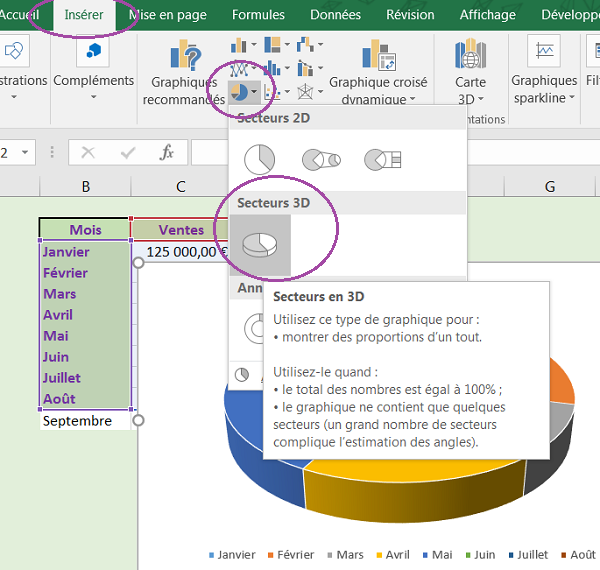 Créer graphique Secteur dans Excel pour représenter les ratios