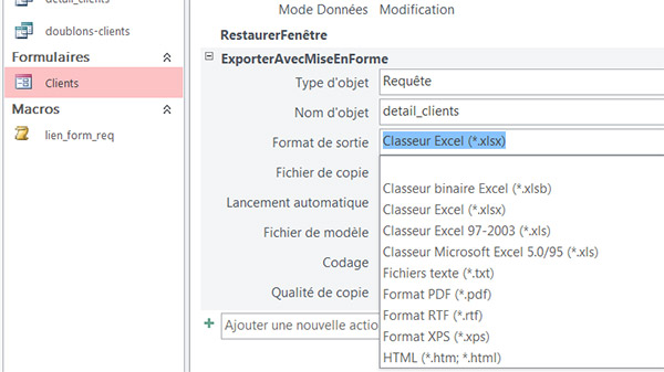 Action de macro pour exporter vers Excel