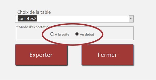 Formulaire Access pour exporter des données à la suite dans Excel