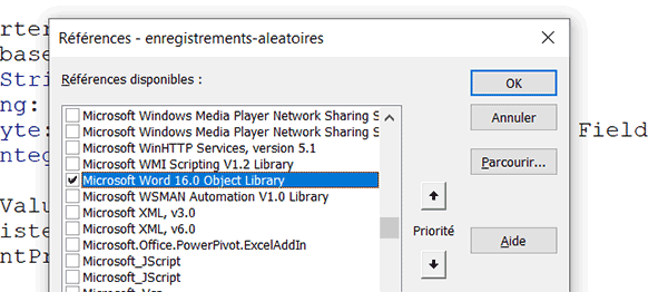 Référence à Microsoft Word dans le projet VBA Access