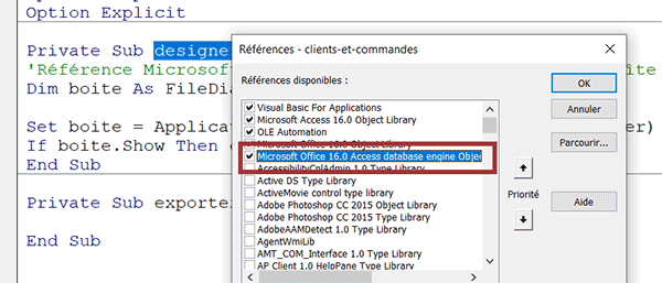 Référence VBA Access pour piloter les objets de bases de données externes