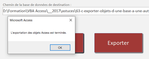 Fin du processus d-exportation des objets Access en VBA