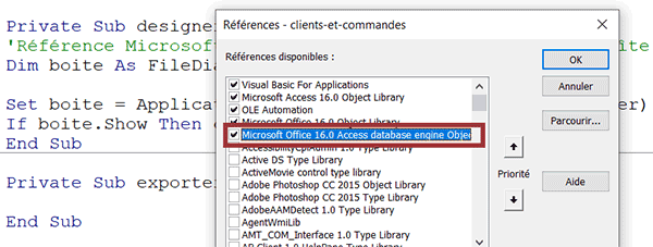 Librairie nécessaire au projet VBA Access pour piloter les objets de bases de données