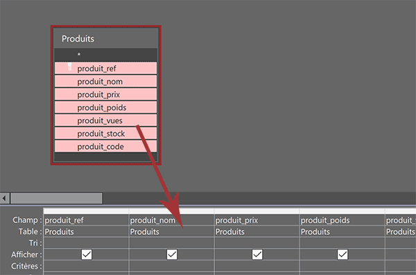 Ajouter les champs de table Access sur la grille de requête pour effectuer des recherches