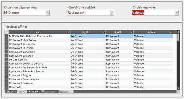 Extractions Access avec trois listes déroulantes recoupées sur des données externes