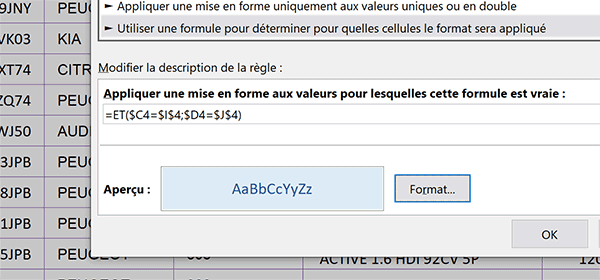 Règle de mise en forme conditionnelle Excel pour repérer visuellement et automatiquement les enregistrements extraits par le calcul matriciel