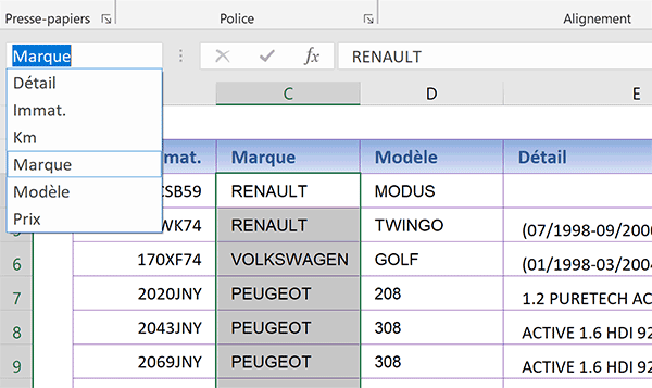 Noms des colonnes du tableau Excel pour désigner les champs dans la formule matricielle