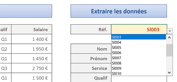 Liste déroulante Excel des références pour extractions par calcul matriciel avec fonction RechercheV