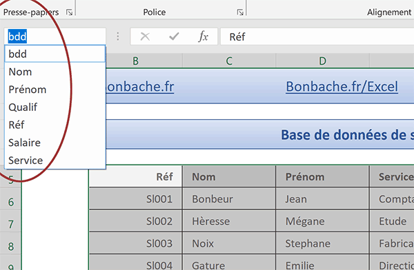 Noms attribués aux colonnes du tableau Excel pour simplifier la syntaxe de la formule matricielle