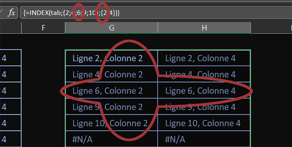 Extraire aux intersections de plusieurs lignes et colonnes par formule matricielle Excel