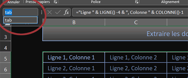 Nom du tableau Excel pour extraire aux intersections