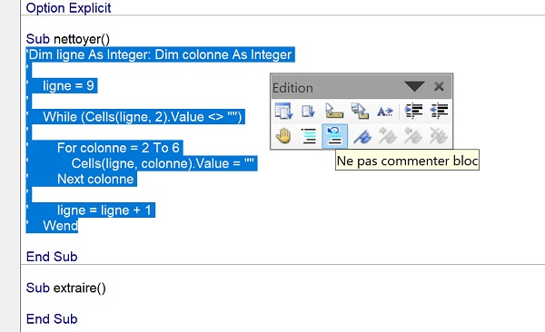 Désactiver commentaires de blocs de codes Visual Basic Excel outils édition