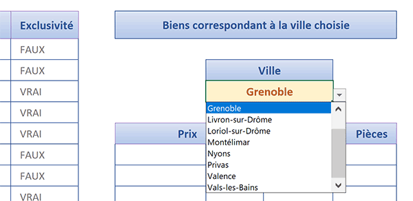 Liste déroulante Excel pour critère extraction biens immobiliers sur ville