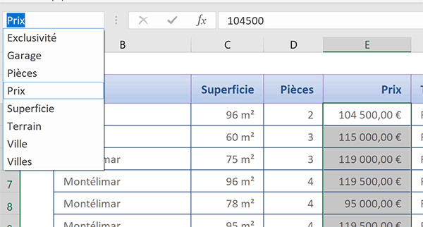 Noms des colonnes du tableau Excel pour simplifier construction des formules pour extraction des données