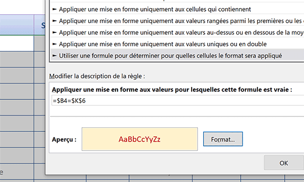 Réglages de mise en forme conditionnelle Excel pour repérer les enregistrements extraits par les formules matricielles