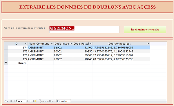 Extraction doublons de base de données Access par moteur de recherche