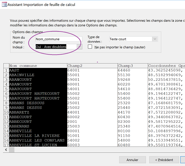 Importation données Excel dans Access, typer champs de base