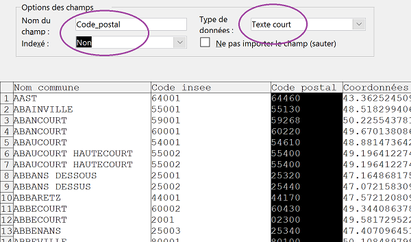 Nommer et typer champs pendant importation tableau Excel avec assistant Access