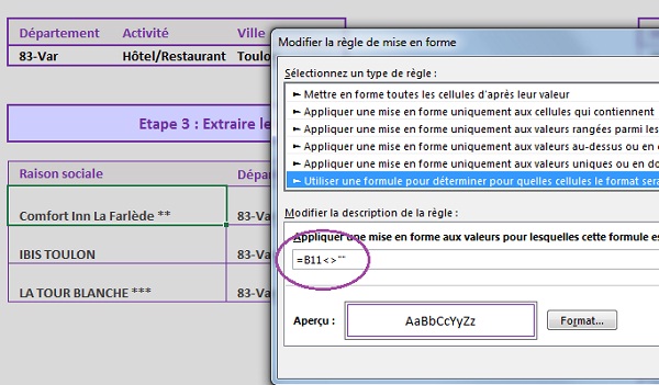 Mise en forme conditionnelle des résultats importés par formules Excel extraction