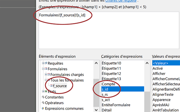 Expression de correspondance entre requête et formulaire Access pour récupérer identifiant pour enregistrement cliqué