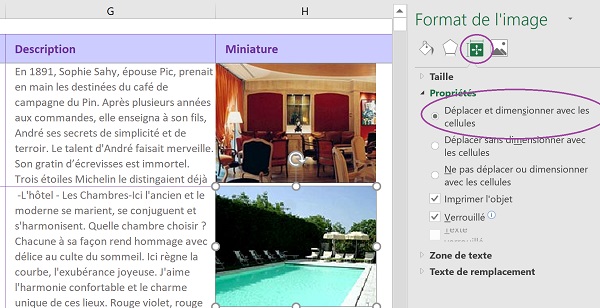 Propriétés image importée liée à sa cellule Excel