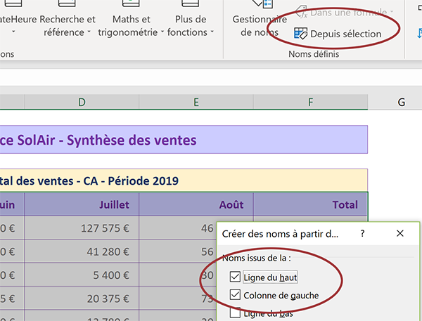 Créer des noms de plages de cellules en fonction des titres du tableau Excel