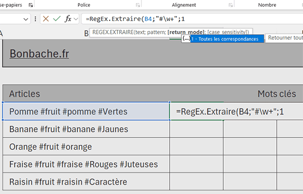 Extraire toutes les correspondances avec la fonction Excel RegEx.Extraire