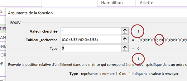 Calcul matriciel sur deux tableaux dans fonction Excel Equiv pour trouver la correspondance aux critères recoupés