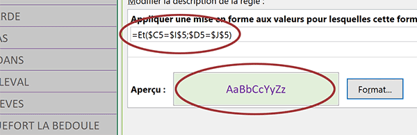 Règle Excel de mise en forme conditionnelle pour repérer dynamiquement les clients portant le nom et le prénom cherchés