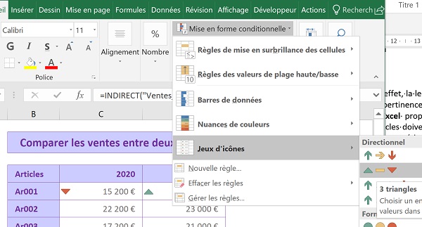 Mettre en valeur dynamiquement les écarts de ventes par des icônes de couleur