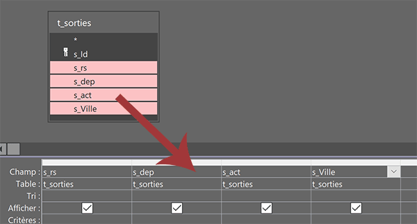Ajouter les champs de table Access dans la grille de requête pour définir les critères à recouper