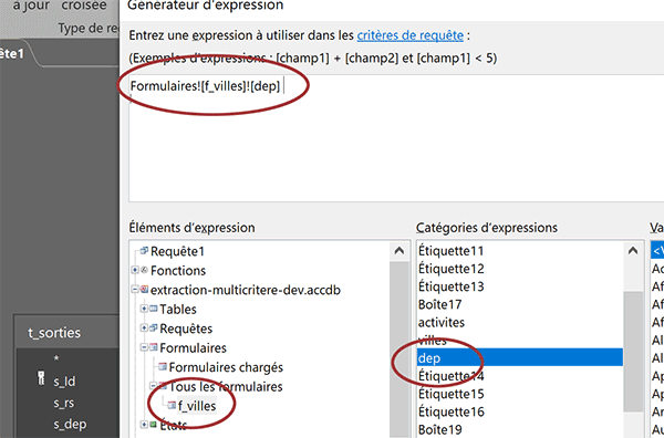 Expression de correspondance entre un formulaire et une requête Access avec le générateur d-expression