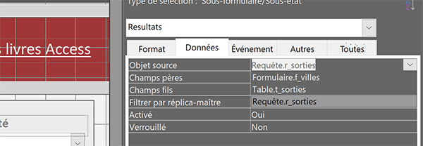 Lier un sous-formulaire et une requête Access avec la feuille de propriétés