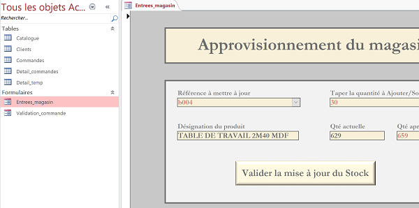 Formulaire Access approvisionnement stocks selon livraisons fournisseurs