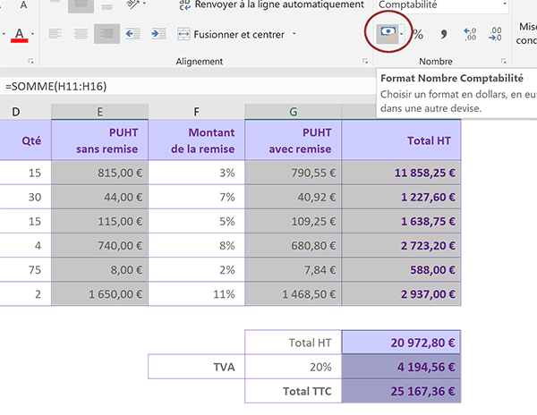 Appliquer le format monétaire aux montants de la facture Excel