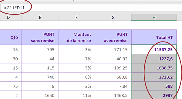 Réplication automatique des calculs Excel des totaux remisés par présélection et raccourci clavier de validation