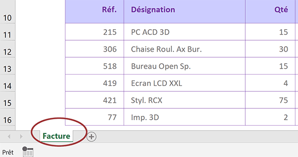 Tableau Excel pour exercice sur la facturation clients