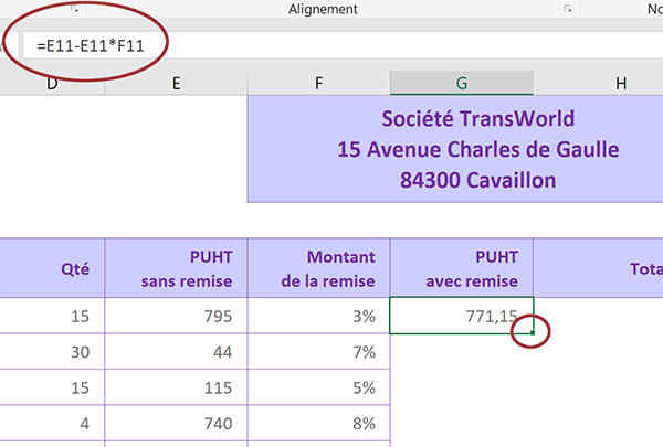 Formule Excel pour appliquer un taux de remise sur un prix unitaire