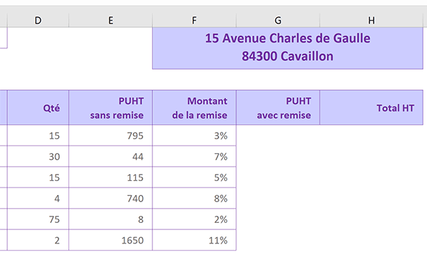 Tableau Excel des prix unitaires et remises accordées sur produits achetés par client