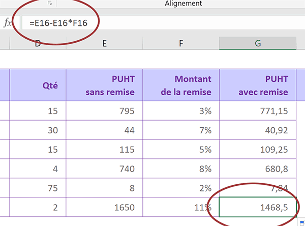 Formule du total remisé répercutée automatiquement sur les cellules Excel du dessous