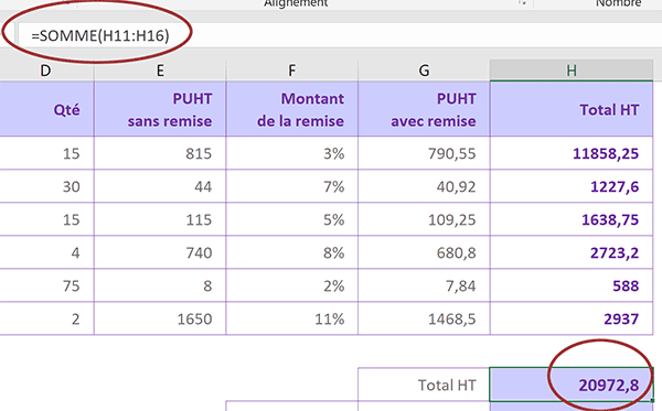 Calcul du total hors taxes de la commande pour exercice Excel de facturation